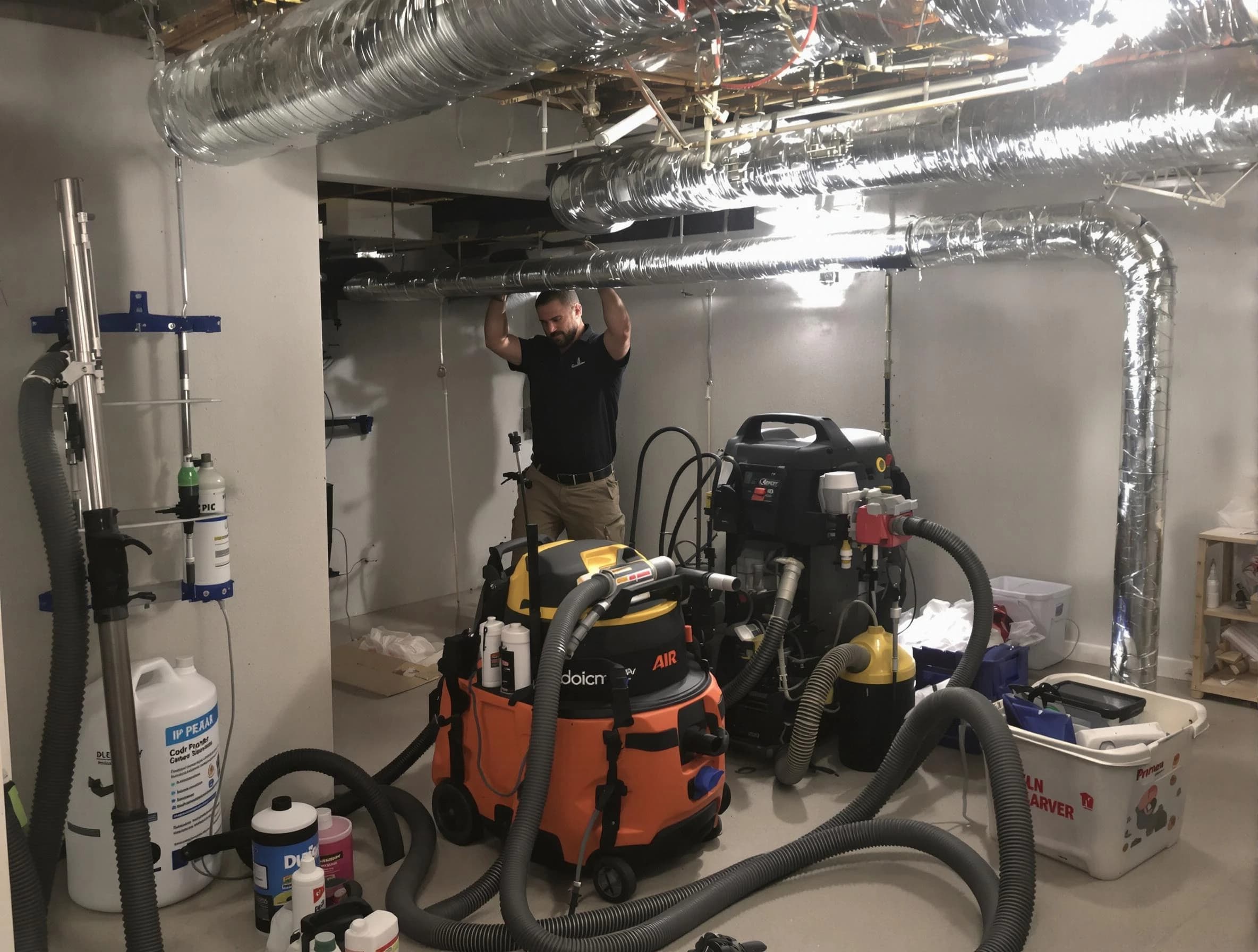 Lakewood Air Duct Cleaning specialist performing professional mold removal from air ducts using safety equipment in Lakewood
